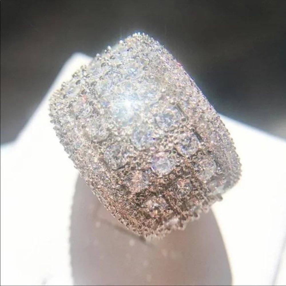 PAVE WIDE BAND 925 STERLING SILVER ROUND DIAMOND RING - Picture 2 of 8